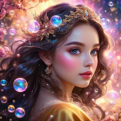 a beautiful girl with shiny long hair, detailed eyes, rosy cheeks, full lips, in a field of glowing bubbles, magical atmosphere, fantasy, intricate details, soft lighting, warm colors, dreamlike, ethereal, masterpiece, high quality, photorealistic