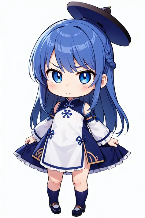 chibi, flat color, solo, full body, cute, (highest quality), blue eye, gentian blue hair, long hair, annoyed, gentian blue China dress, white background, (masterpiece)