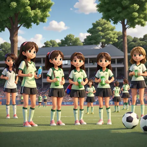 On the sideline of a green grass soccer field、Several high school girls are watching a soccer game。They are in casual clothes、Smiling and cheering on the players。Holding a plastic bottle in your hand、I&#39;m watching the game while talking with my friends....