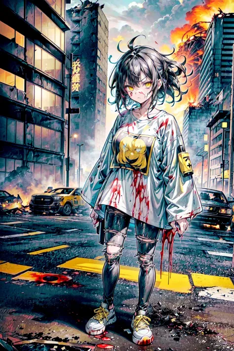 ((1 GIRL)) ((2d anime girl)), ((Japanese)) 18-year-old, ((2d anime girl)), ((dark-haired)), ((windswept hair)) ((ultra high quality)) ((4k UHD)) ((Best Quality)) ((Daytime)) ((yellow glowing eyes)), wearing a ((black long sleeve shoulderless T-shirt)) swea...