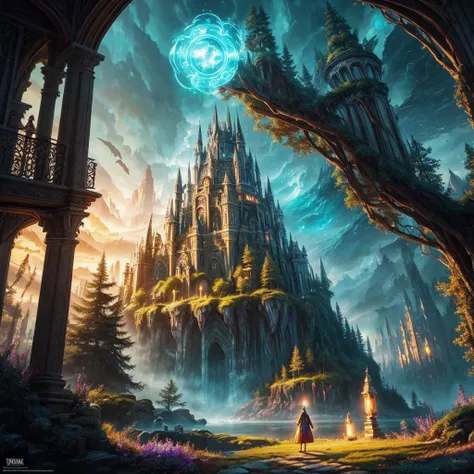 a wizard going through a portal to visit the ancient lemuria, award winning illustration, highly detailed, friendly colors, happy vibes, epic fantasy scene, intricate details, magical energy, glowing portal, mystical atmosphere, beautiful landscape, enchan...