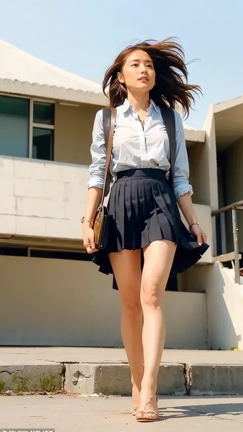 (((A strong wind blows up her hair and skirt:1.62)))、((Viewing angle from below、Highest quality、masterpiece、32k、Every detail))、Descend the outdoor stairs、commute、Systemic symptoms、Traditional navy blue sailor uniform、White blouse、(((Mini Pleated Skirt, No ...