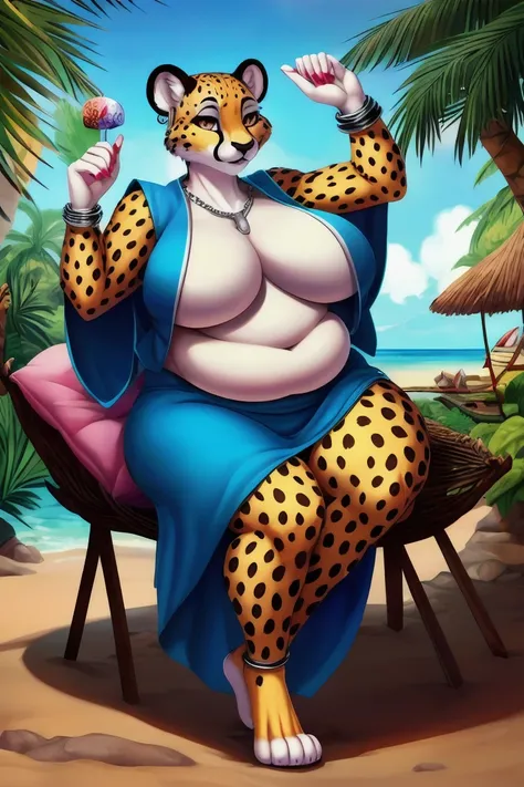 Female cheetah, fat, fat belly, fat thighs, fat arms, lovehandles, big breasts, silver eyes, golden yellow fur, black cheetah markings, blue kimono, silver earrings, silver bracelets, silver rings, silver necklaces, hammock, tropical setting