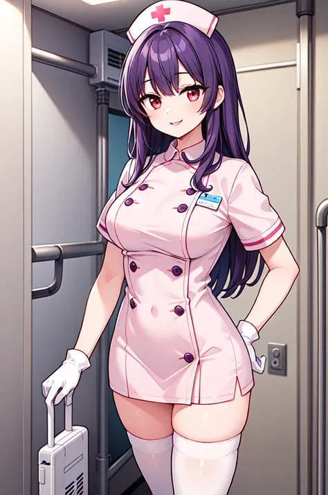 1woman, solo, nurse, white nurse cap, white nurse uniform, ((white legwear, zettai ryouiki)), white gloves, long hair, purple hair, red eyes, pink lips, smile, standing, ((hospital room)), sharp outline, short sleeves, mature female, 35 years old, best qua...