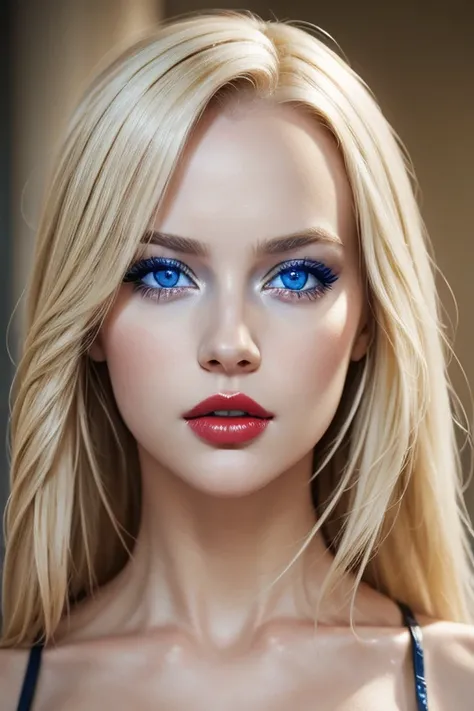 beautiful blonde woman, with striking blue eyes and red lips. realistic photo, masterpiece