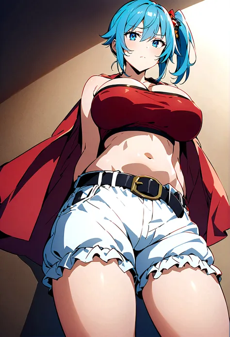  score_9, score_8_superior, score_7_superior, Break from the front, ,Macro photography,One girl,Bloomers, blue eyes, Blue Hair,Bare shoulders, belt, Cleavage, Hair ties, hair ornaments, Hair that falls over the shoulders, ,Large Breasts,abdomen, belly butt...