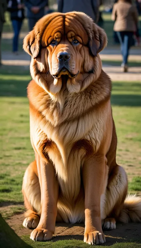 There is no one, realistic photo, photo realism, realism, tibetan mastiff(Tibetan Mastiff), perfect composition, intricate details, Very sharp, masterpiece, profile, high resolution, looking at the viewer, Full body photo in the dog park