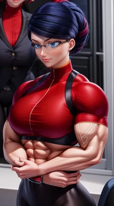 a muscular female bodybuilder in (( red bra inside (office suit) and her hair is (gradient of dark blue and red) from end to the right side of head)), detailed face, beautiful detailed eyes, beautiful detailed lips, ((extremely detailed face and muscles)),...