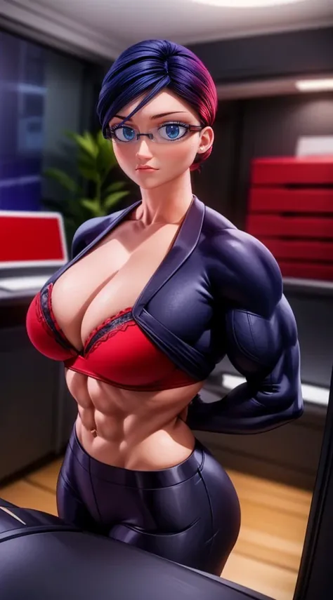 a muscular female bodybuilder in (( red bra inside (office suit) and her hair is (gradient of dark blue and red) from end to the right side of head)), detailed face, beautiful detailed eyes, beautiful detailed lips, ((extremely detailed face and muscles)),...