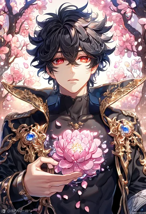 absurdres, highres, ultra detailed, HDR, master piece, best quality, Kaerius, black hair, spiked and messy hair, hair between the eyes, expressive red eyes, Dream and Legacy, solo, sexy man, handsome, black coat, black tight T-shirt, belt around his chest,...