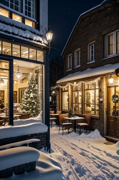 Open cafe in winter night. Light bulbs hanging. Street full of snow. Tables and chairs. Beautiful french cafe in warm light inside the glass window. Snow flakes falling. A landscape design size 16:9 view