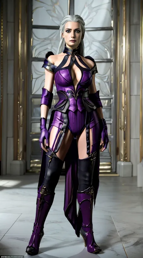 ((full body photo, standing, on the ground)) ((a woman 3v4gr33n)) as sindelmk11 from Mortal Kombat, long, flowing white hair, piercing blue eyes, complexion pale, wearing purple regal and ornate revealing outfit, with royalty and battle elements, her attir...