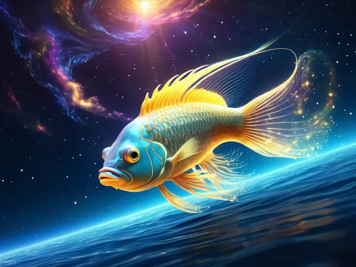 a delicate cosmic fish bank of ((transparent))skin, swirls In the vast and colorful universe, the hippocampus is translucent  and its Ethereal body formed by glowing stars and bright Golden cosmic dust, the Hippocampus travels on sunflares fire of a near s...