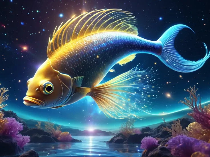 a delicate cosmic fish bank of ((transparent))skin, swirls In the vast and colorful universe, the hippocampus is translucent  and its Ethereal body formed by glowing stars and bright Golden cosmic dust, the Hippocampus travels on sunflares fire of a near s...