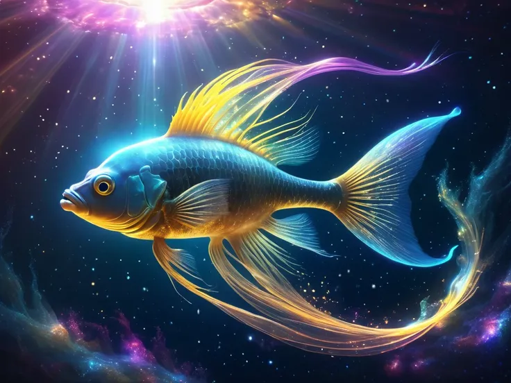 a delicate cosmic fish bank of ((transparent))skin, swirls In the vast and colorful universe, the hippocampus is translucent  and its Ethereal body formed by glowing stars and bright Golden cosmic dust, the Hippocampus travels on sunflares fire of a near s...