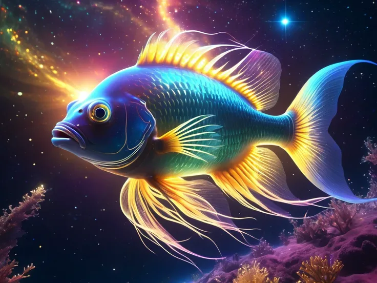 a delicate cosmic fish bank of ((transparent))skin, swirls In the vast and colorful universe, the hippocampus is translucent  and its Ethereal body formed by glowing stars and bright Golden cosmic dust, the Hippocampus travels on sunflares fire of a near s...