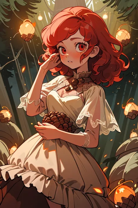 Best quality at best，tmasterpiece），1girll，Flashing fireflies，White lace dress，Rococo，The upper part of the body，forest backgrou，looking at viewert，Girl with red curly hair，flickering eyes，Take the pine cone，