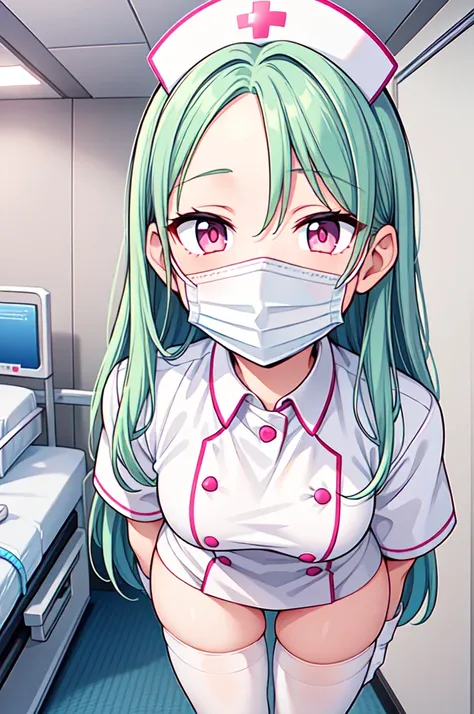 1woman, solo, nurse, white nurse cap, white nurse uniform, ((white legwear, zettai ryouiki)), white gloves, forehead, long hair, green hair, pink eyes, ((white surgical mask, covered nose)), standing, ((hospital room)), sharp outline, short sleeves, mature...