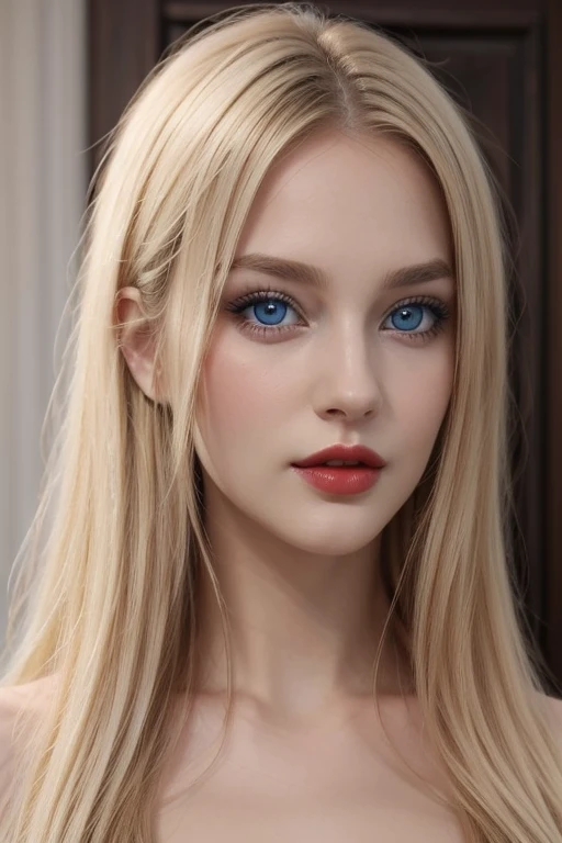 Beautiful blonde woman, with striking blue eyes and red lips. realistic photo, Masterpiece