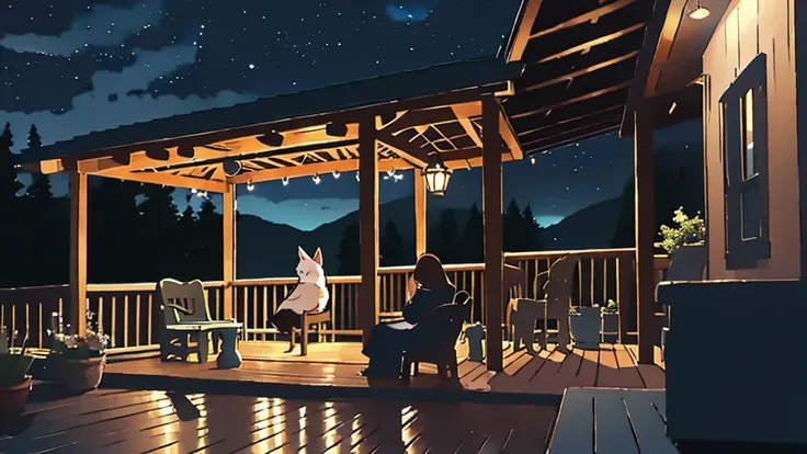 a girl sitting on a porch with a fox, with a view of the night sky