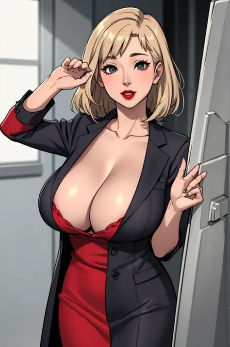 masterpiece, ,(solo:1.1), perfect face, (bright lighting:1.2),beautiful detailed eyes, extremely detailed face, perfect lighting,masterpiece, best quality, ((mature female)), ((large breasts 1.9)), 30yo female, 1girl, red lips, short blonde, straight hair ...