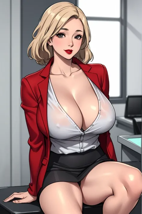 masterpiece, ,(solo:1.1), perfect face, (bright lighting:1.2),beautiful detailed eyes, extremely detailed face, perfect lighting,masterpiece, best quality, ((mature female)), ((large breasts 1.9)), 30yo female, 1girl, red lips, short blonde, straight hair ...