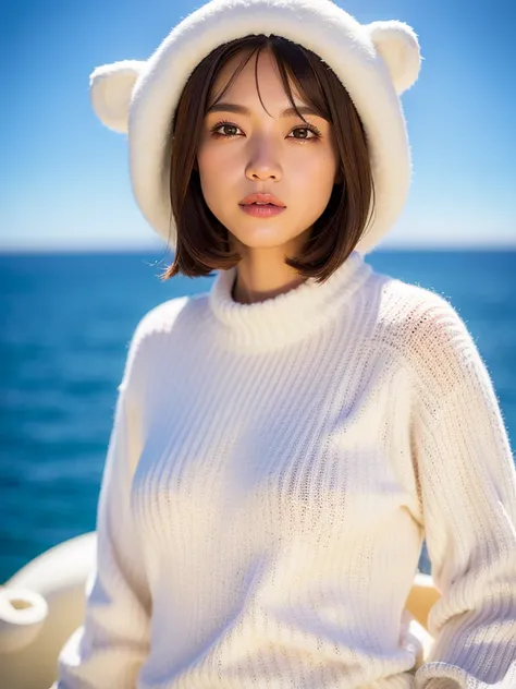 FEMALES、(Spacious_Wearing a white sweater、White Bear Hat:1.3)、Good Hand、4K、hight resolution、​masterpiece、top-quality、headw:1.3、((Hasselblad photo))、Fine skin、Sharp Focus、(lighting like a movie)、Soft lighting、dynamic ungle、[:(Detailed face:1.2):0.2]、middleb...