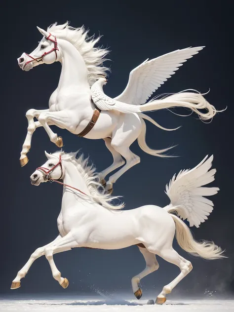 (((Highest quality, masterpiece, Ultra-high resolution, RAW Photos, Very detailed, Perfect Anatomy, Pure White Pegasus,Pegasus has four legs,Pegasus has one head and one neck ,Pegasus has one feather on each side,Pegasus is pure white and has long wings......