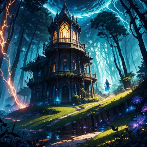 a wizard man going through a portal to visit the ancient lemuria, award winning illustration, highly detailed, friendly colors, happy vibes, epic fantasy scene, intricate details, magical energy, glowing portal, mystical atmosphere, beautiful landscape, en...