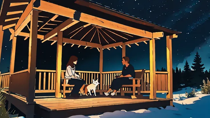 a girl sitting on a porch with a fox, with a view of the night sky