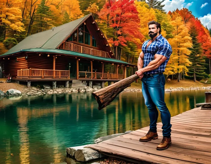 A handsome rugged man with big muscles, short random colored hair, well-manicured beard and mustache and big blue eyes. Wearing blue jeans and a flannel shirt. Chopping wood in front of a luxury log cabin next to a magnificent lake with a boat dock. It is ...