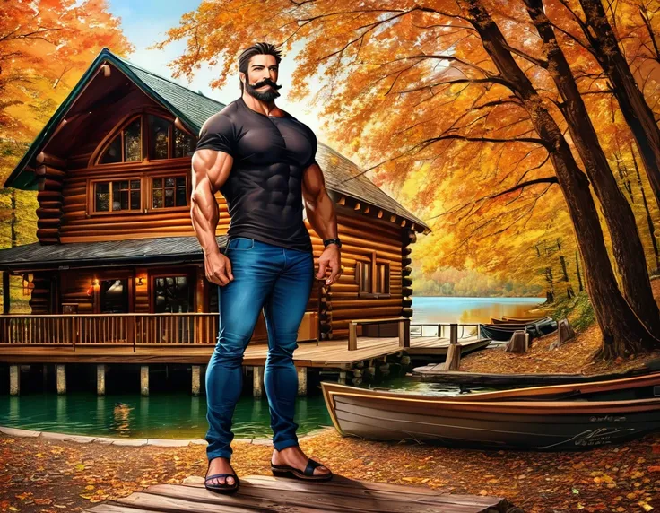 A handsome rugged man with big muscles, short random colored hair, well-manicured beard and mustache and big blue eyes. Wearing blue jeans and a flannel shirt. Chopping wood in front of a luxury log cabin next to a magnificent lake with a boat dock. It is ...