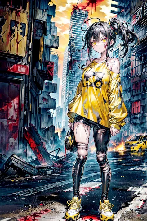 ((1 GIRL)) ((2d anime girl)), ((Japanese)) 18-year-old, ((2d anime girl)), ((dark-haired)), ((windswept hair)) ((ultra high quality)) ((4k UHD)) ((Best Quality)) ((Daytime)) ((yellow glowing eyes)), wearing a ((black long sleeve shoulderless T-shirt)) swea...