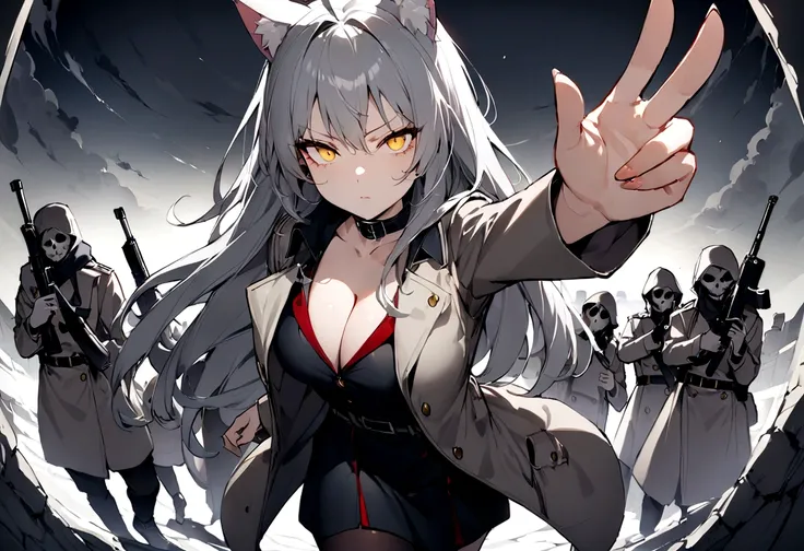 (masterpiece, best quality:1.2), 1girl, 独奏,Black military uniform、Gray cat ears、Point your gun at us、Grey long hair、Ahoge、Yellow Eyes、Grey trench coat、Gray cat ears、I took off my hoodie and put it on my shoulder、Ready your gun?、sniper rifle、Background of m...