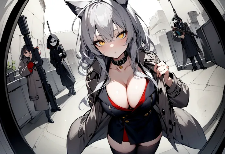 (masterpiece, best quality:1.2), 1girl, 独奏,Black military uniform、Gray cat ears、Point your gun at us、Grey long hair、Ahoge、Yellow Eyes、Grey trench coat、Gray cat ears、I took off my hoodie and put it on my shoulder、Ready your gun?、sniper rifle、Background of m...