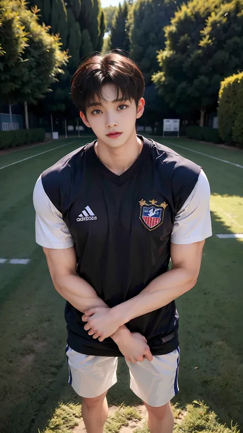 masterpiece,best quality,Front view，Character looking down，Stay away from the camera， (An 18-year-old boy with extraordinary development:1.2), (Standing upright on the campus lawn:1.2),（Football Jersey）,Broad shoulders,Muscular shoulders，（Extremely strong ...