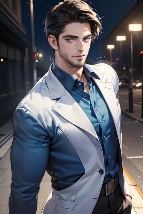 a handsome 35 year old man, 3 day beard, dark hair, sharp jawline, (mesmerizing blue eyes), perfectly styled hair, wearing cool anime outfitt, dynamic lighting, (CEO), (expression, smile in love), (best quality,4k,8k,highres,masterpiece:1.2),ultra-detailed...