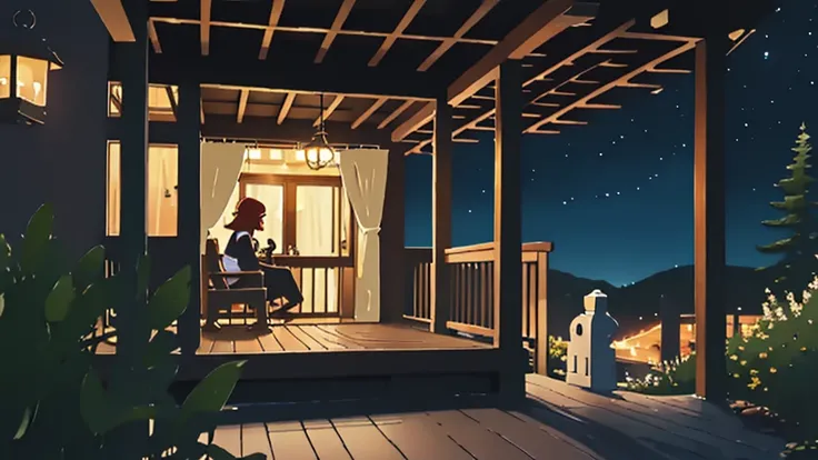 a girl sitting on a porch with a fox, with a view of the night sky