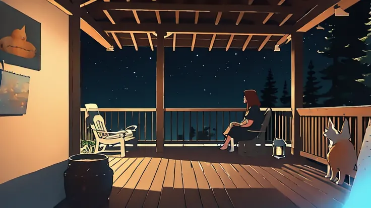 a girl sitting on a porch with a fox, with a view of the night sky