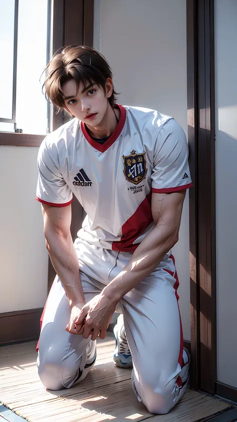 masterpiece,best quality,Frontal upward perspective，Stay away from the camera， (An 18-year-old tall boy:1.2), 190cm tall，(Kneeling upright in the campus corridor:1.2),（Football Jersey）,Broad shoulders,Muscular shoulders，（Extremely strong body），Muscular bod...