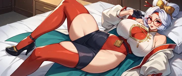 score_9, score_8_up, score_7_up, score_6_up, score_5_up, score_4_up, (source_anime), purah, 1girl, huge breasts, narrow waist, thick thighs, hair ornament, red headband, red glasses, sleeveless shirt, white coat, black skirt, red leggings, gloves, high hee...