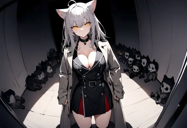 Pitch-dark room、Dark Room、conference room、(masterpiece, best quality:1.2), 1girl, 独奏,Black military uniform、Gray cat ears、Point your gun at us、Grey long hair、Ahoge、Yellow Eyes、Grey trench coat、Gray cat ears、I took off my hoodie and put it on my shoulder、Re...