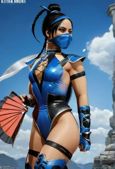 /imagine prompt: Kitana game Mortal Kombat::3, wearing a blue leotard, mouth mask, black eyes, long black hair, ponytail, alone, sun, blue sky, extremely detailed and beautiful, with fans in her hands with knives in them tips :: --quality .5 8K, best quali...