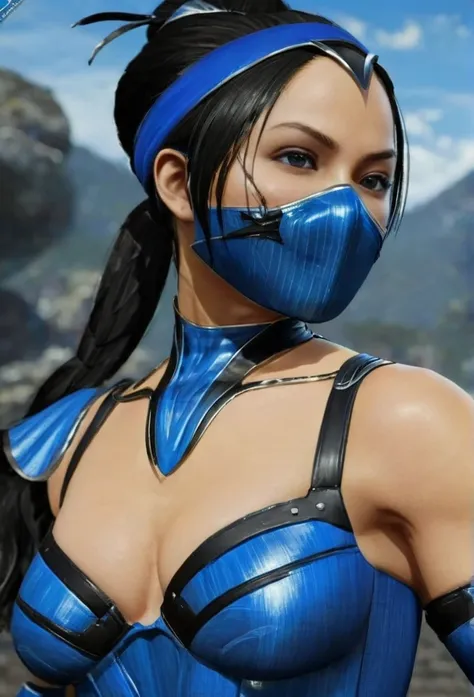 /imagine prompt: kitana game mortal kombat::3, wearing a blue leotard, mouth mask, black eyes, long black hair, ponytail, alone,...