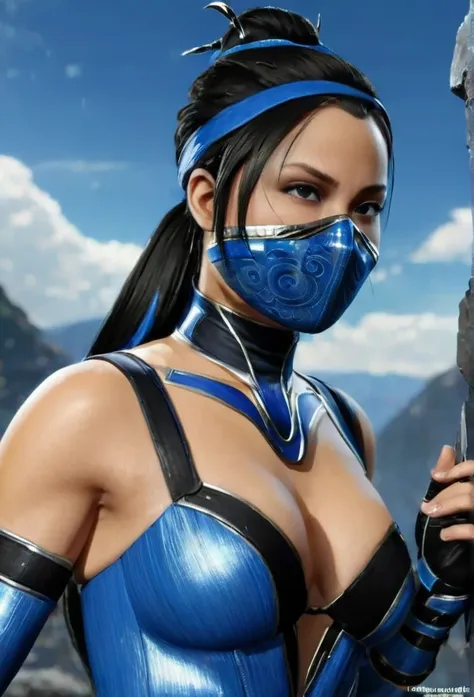 /imagine prompt: kitana game mortal kombat::3, wearing a blue leotard, mouth mask, black eyes, long black hair, ponytail, alone,...