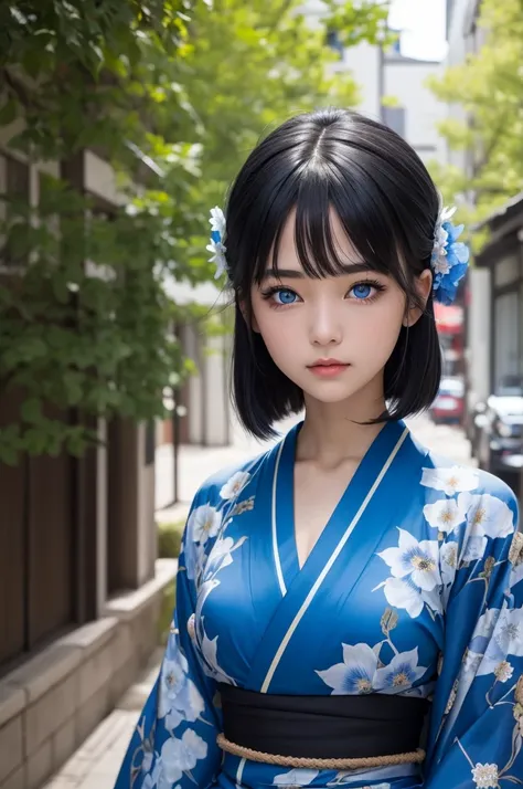 a girl with black hair and blue iris eyes, wearing a blue and black kimono