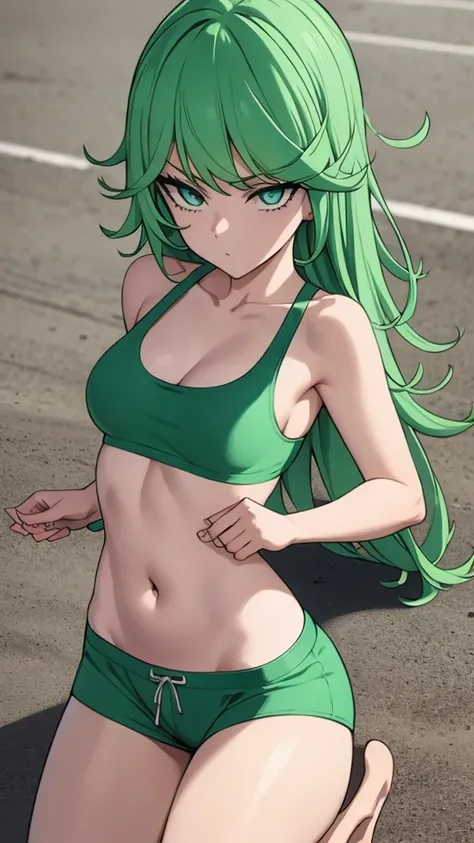 green hair,green eyes,crawl,kneel,(leash) in tight green dolphin shorts and a green sports bra