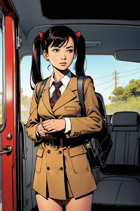 1 girl, standing, deadlines_hideadlinesx style, house, schoolar uniform, school bag, twintails, car, carrying bag