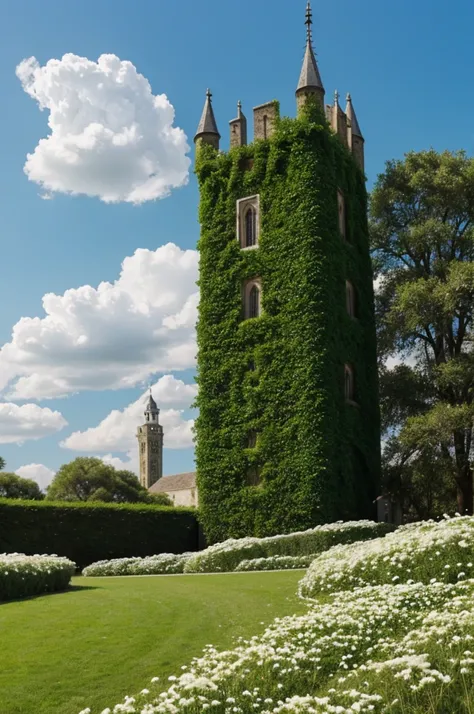 Landscape with tower that has tangled clovers and white flowers 