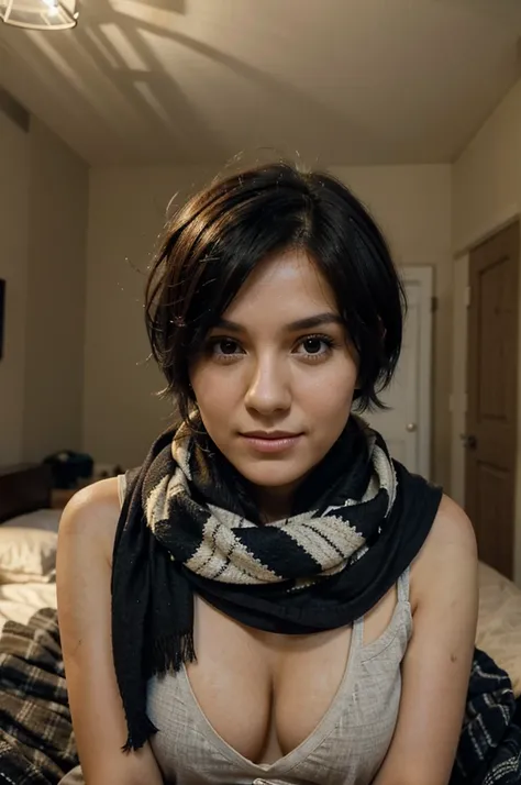 woman with a scarf on round the neck sitting on a bed, 30 years old woman, selfie photograph, with cute face, pretty, fair face, black short hair, room lighting, depth of field, masterpiece, photo-realistic, super detail, bedroom in background